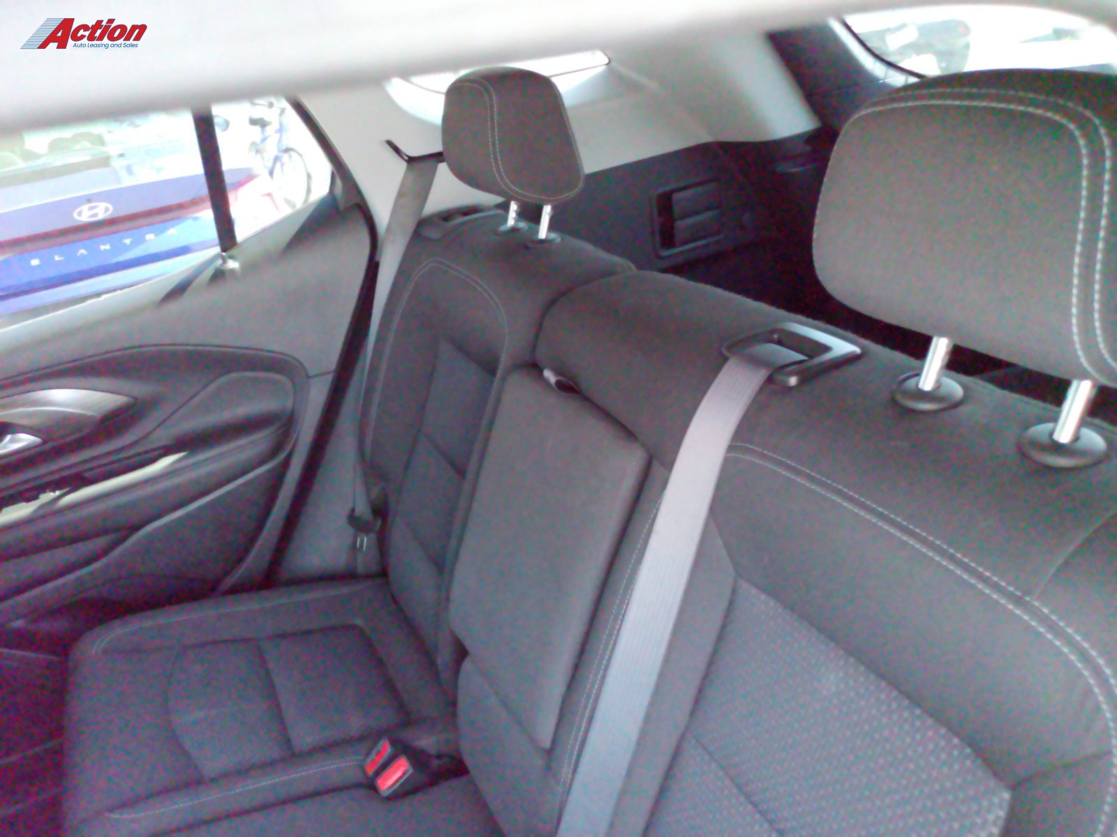 Interior view of a car's back seat with headrests and seatbelts visible.